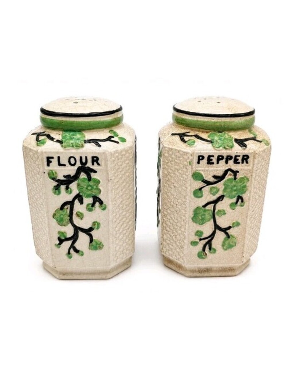 Vintage Hand Painted Flour & Pepper Shakers Cherry Blossom Japan Crackle Finish